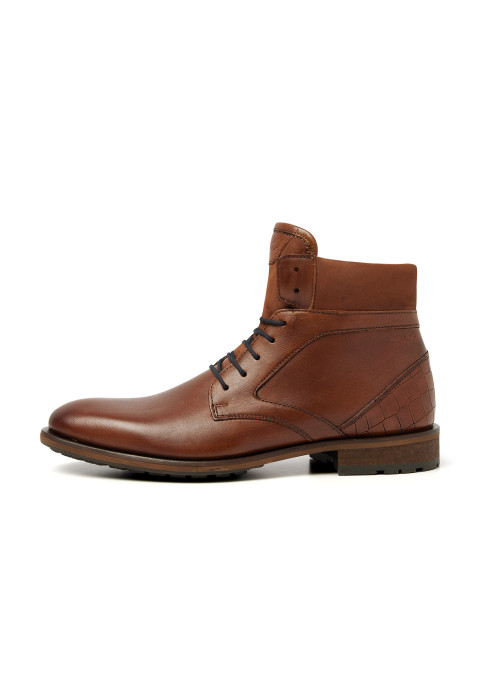 Cognac gladleren Henry boot met fijne print