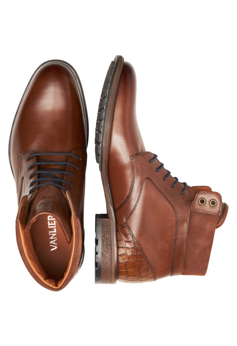 Cognac gladleren Henry boot met fijne print