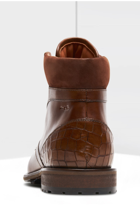 Cognac gladleren Henry boot met fijne print